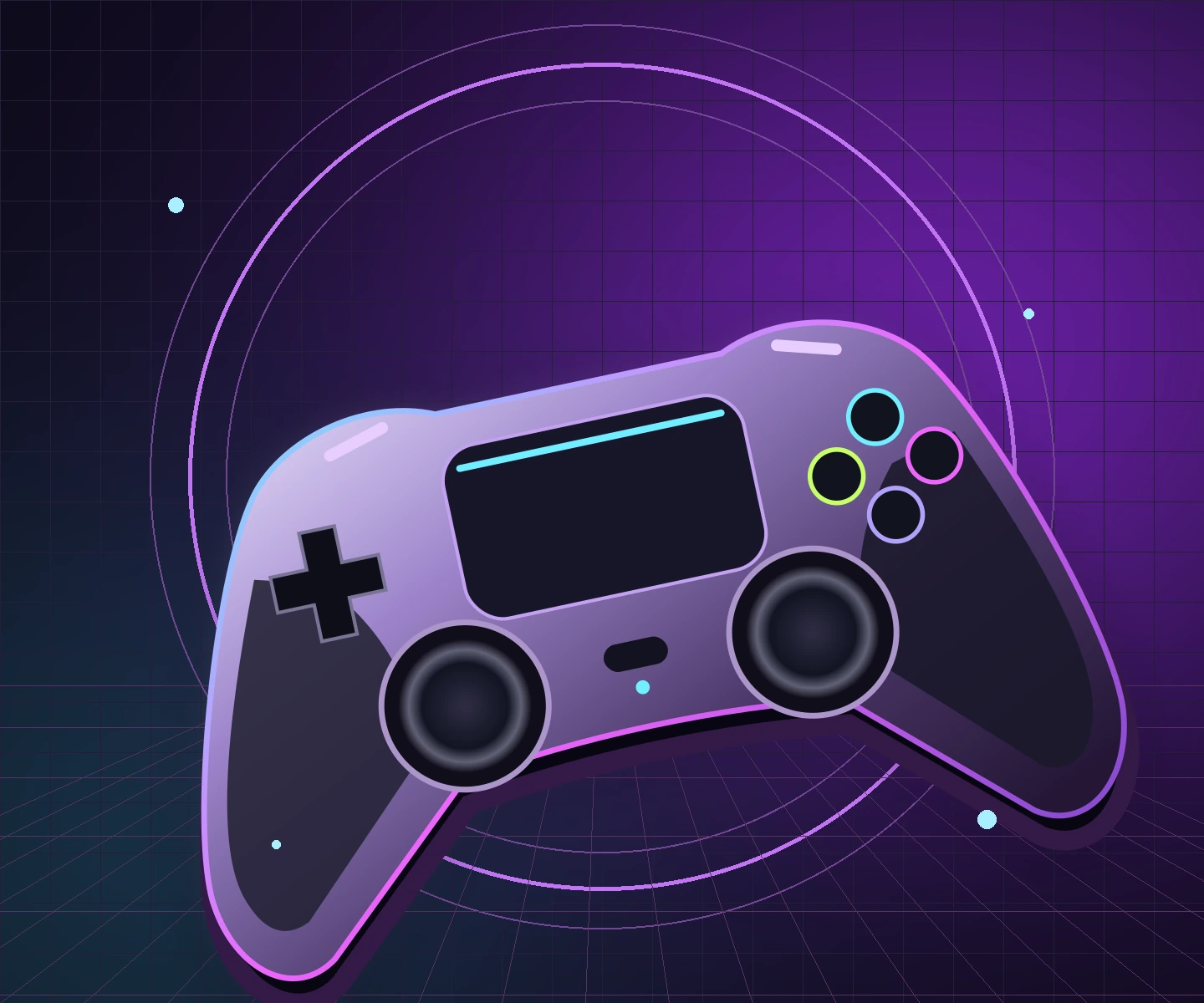 A neon-edged game controller floating above a violet digital grid.